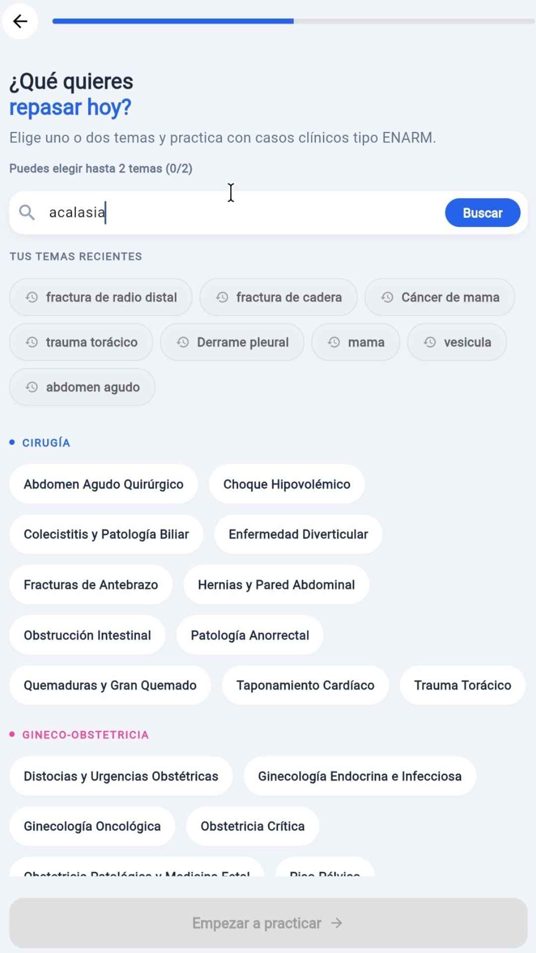 Pantalla de selección de tema del Copiloto ENARM
