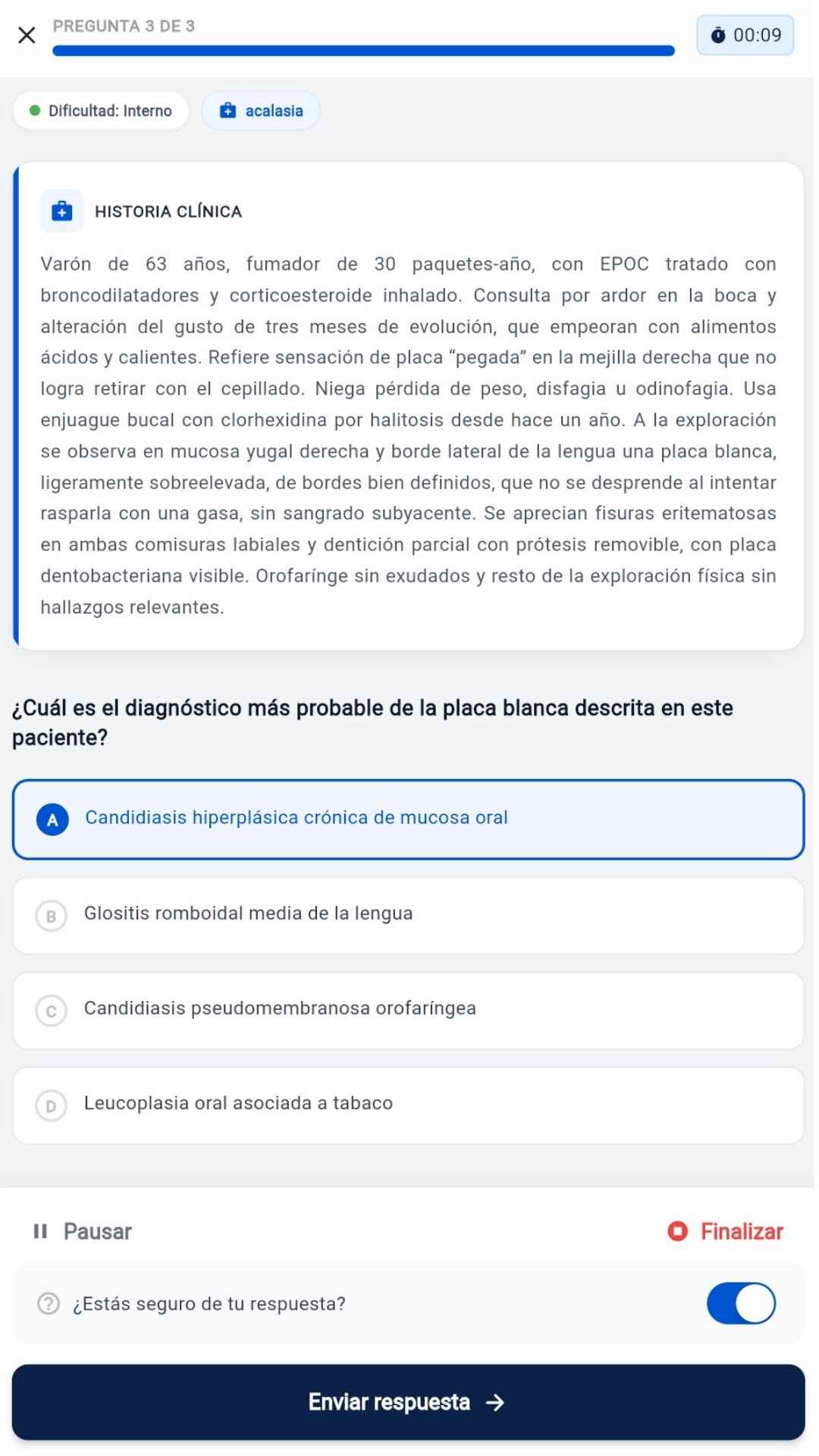 Pantalla de pregunta con historia clínica y cronómetro