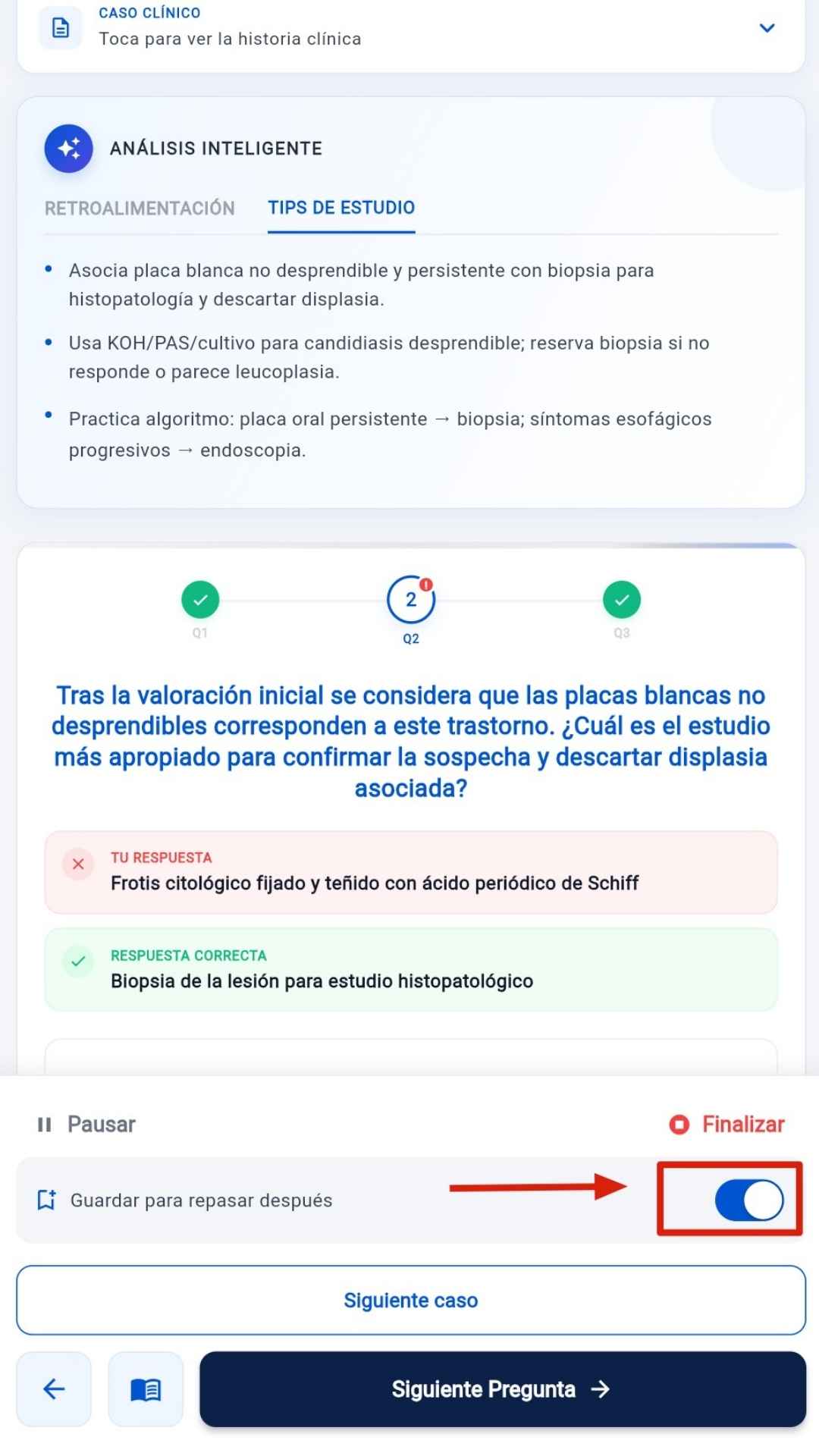 Toggle guardar caso para repasar después
