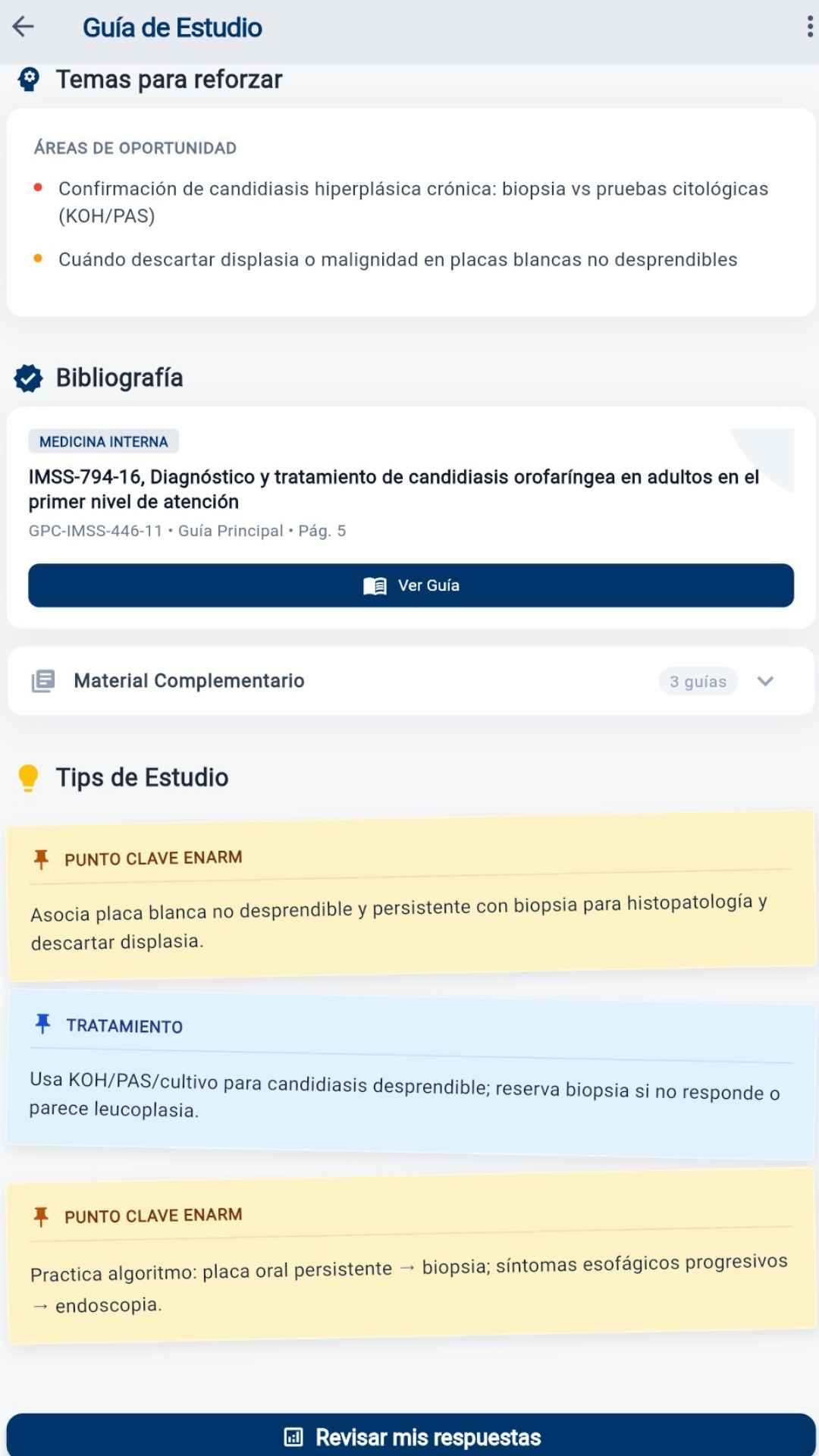 Pantalla de guía de estudio con áreas de oportunidad y puntos clave ENARM