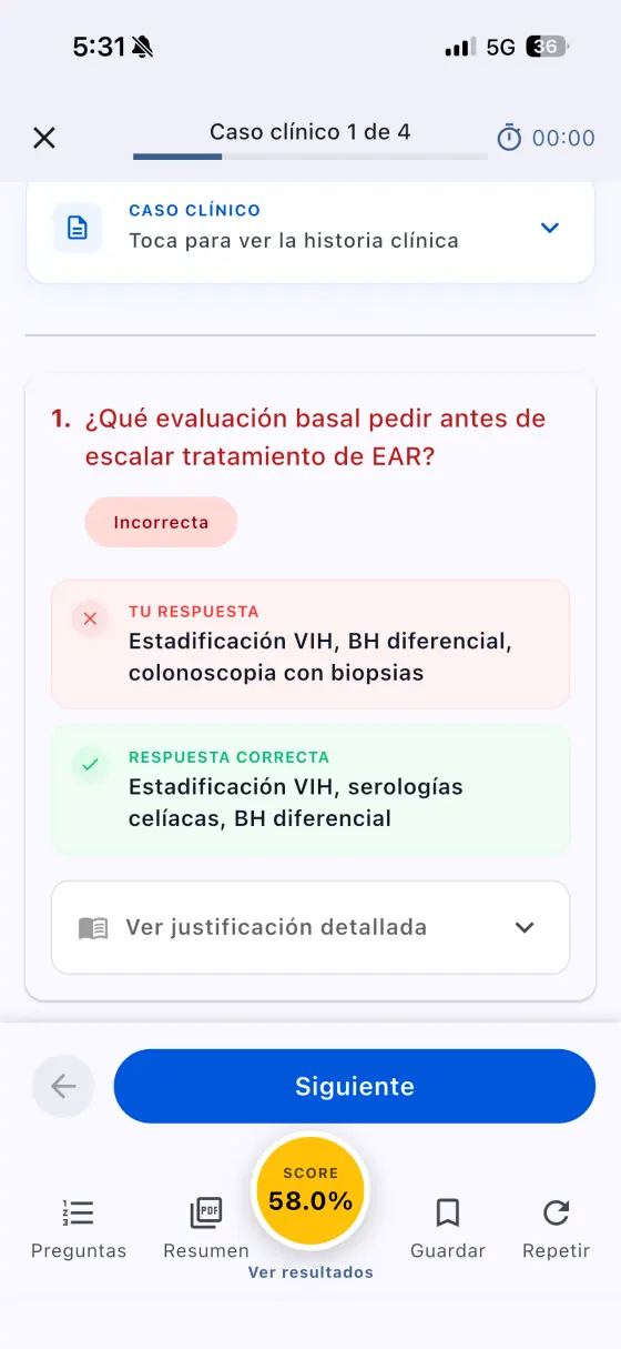 Pantalla real de Gliamediq con resultado de un caso clínico ENARM